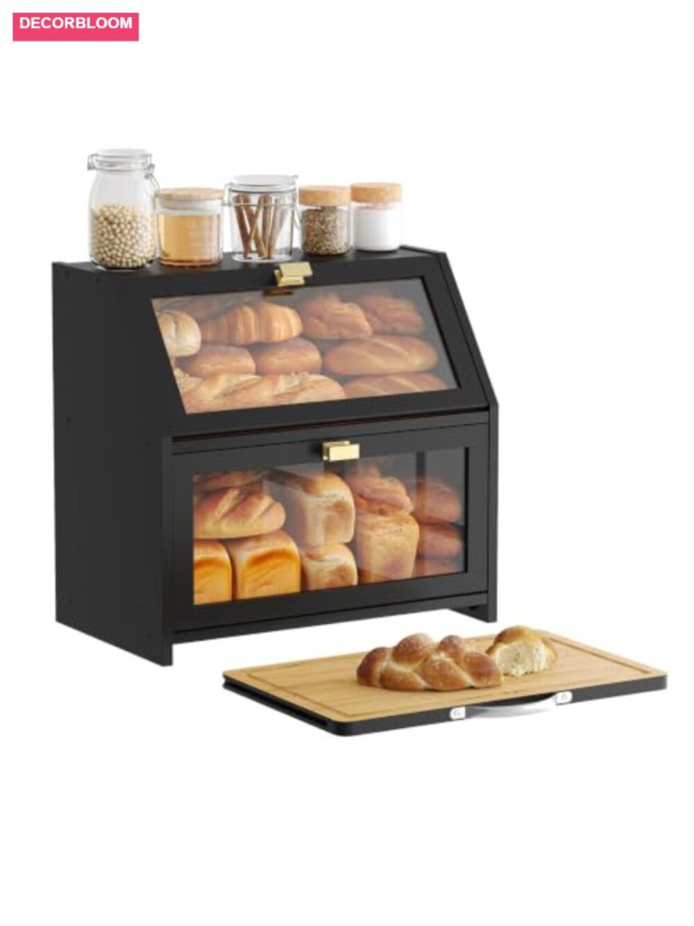 Bamboo Bread Box with Cutting Board, Double Layer Extra Large Capacity, Clear